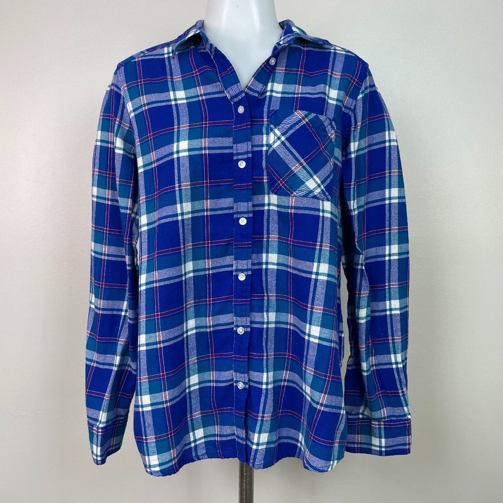 Express Top Small Flannel‎ Shirt Blue Plaid Button-Front Boyfriend Fit Women's